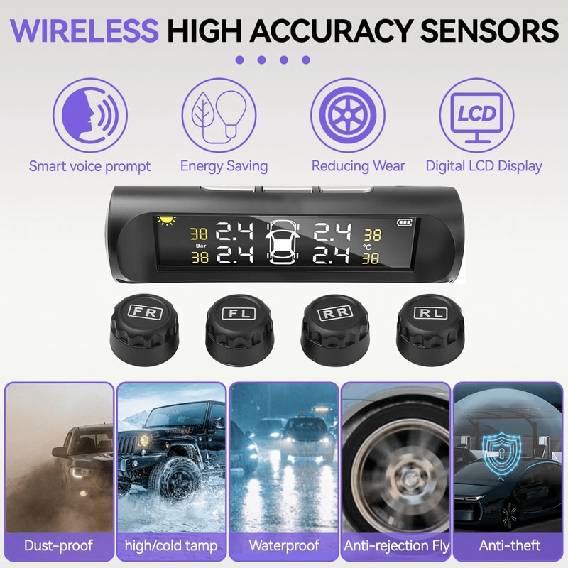 Wireless Car Solar TPMS LCD Tire Pressure Monitoring System With 4 External Sensors 7