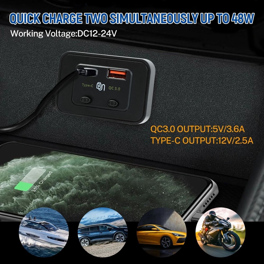 USB PD Car Boat RV Fast Charger Socket With LED Power Outlet 6