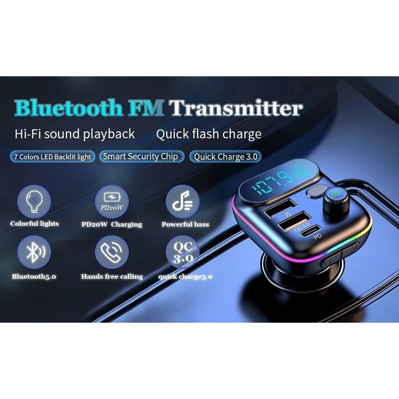 Bluetooth Car Adapter FM Transmitter USB PD Charger Hands Free Connectivity 2