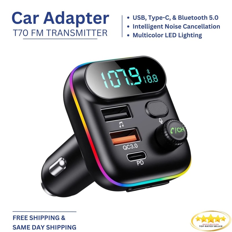 Bluetooth Car Adapter FM Transmitter USB PD Charger Hands Free Connectivity 6