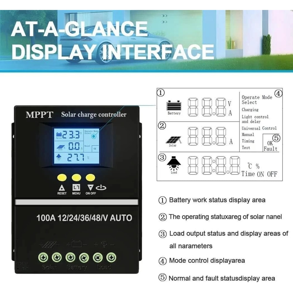 MPPT Solar Charge Controller With Dual USB Ports LCD Display 13