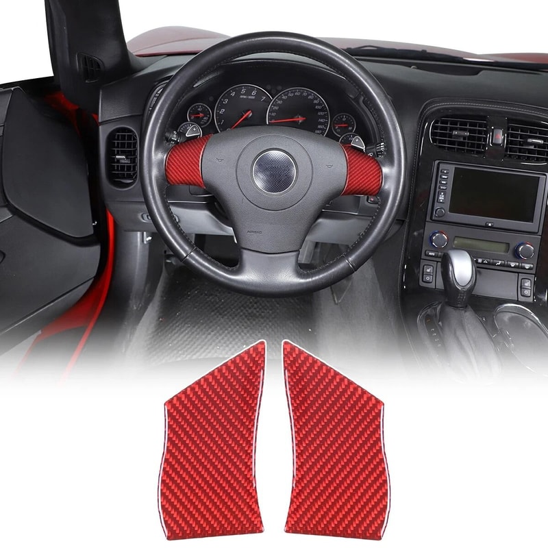 Red Carbon Fiber Steering Wheel Button Cover Trim For Corvette C6 0