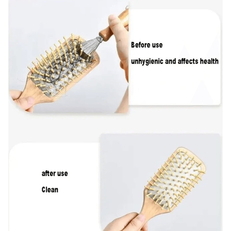Hair Brush Cleaner Tool With Metal Rake Wooden Handle Lint Dust Remover For Hairbrushes 1
