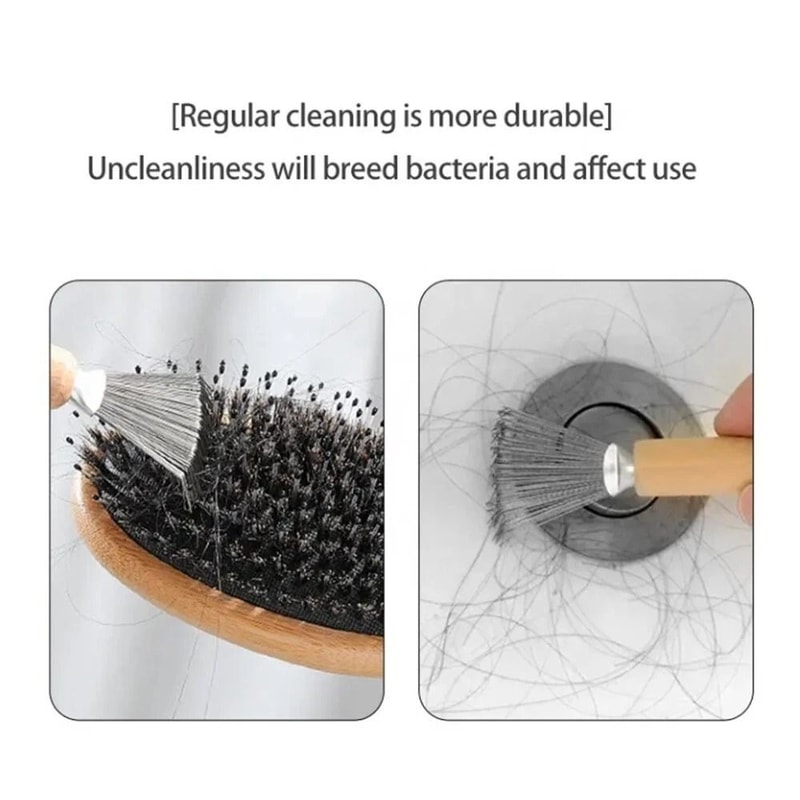 Hair Brush Cleaner Tool With Metal Rake Wooden Handle Lint Dust Remover For Hairbrushes 2