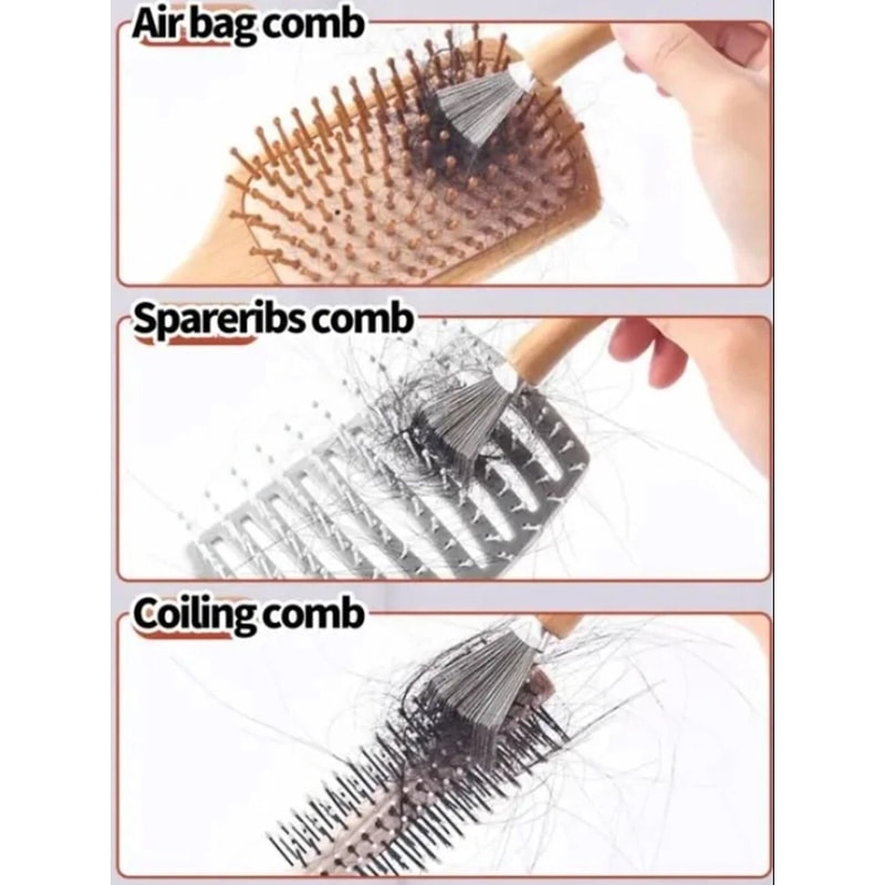 Hair Brush Cleaner Tool With Metal Rake Wooden Handle Lint Dust Remover For Hairbrushes 4