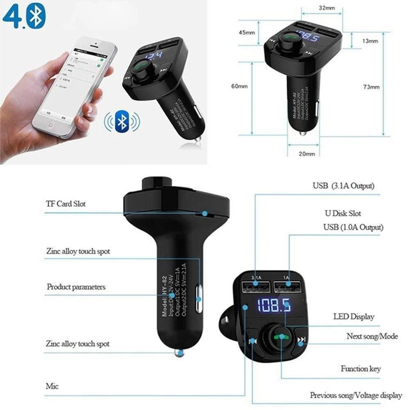 Bluetooth FM Transmitter For Car Wireless MP3 Adapter Dual USB Car Charger 7