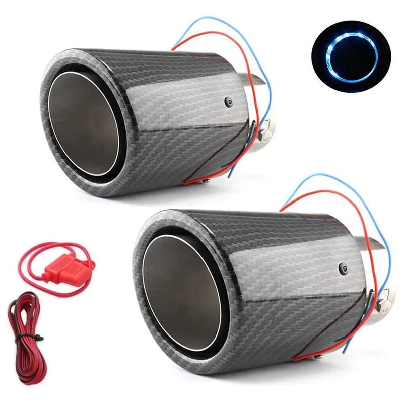 Universal LED Exhaust Tip Pair With Carbon Fiber Look Inlet Curved Muffler Tail Pipes 1