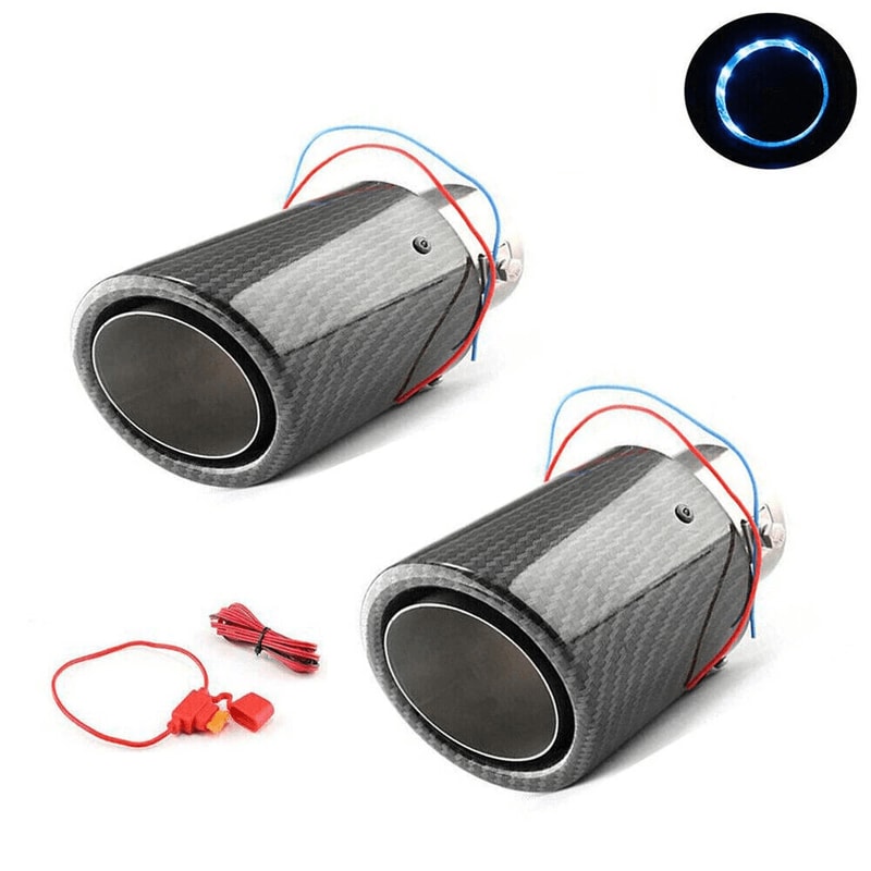 Universal LED Exhaust Tip Pair With Carbon Fiber Look Inlet Curved Muffler Tail Pipes 11