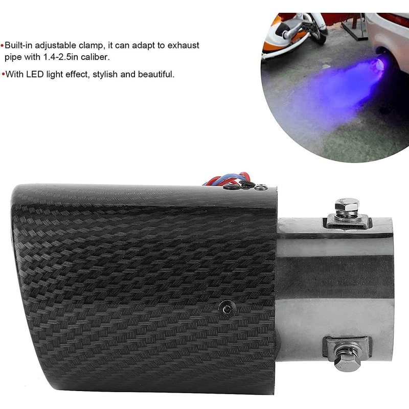 Universal LED Exhaust Tip Pair With Carbon Fiber Look Inlet Curved Muffler Tail Pipes 8