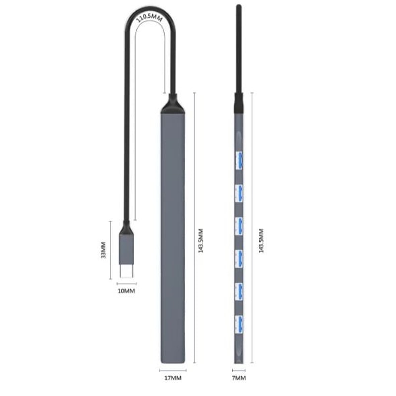 7 Port USB C Hub Multiport Adapter With 6 USB And 1 USB 3