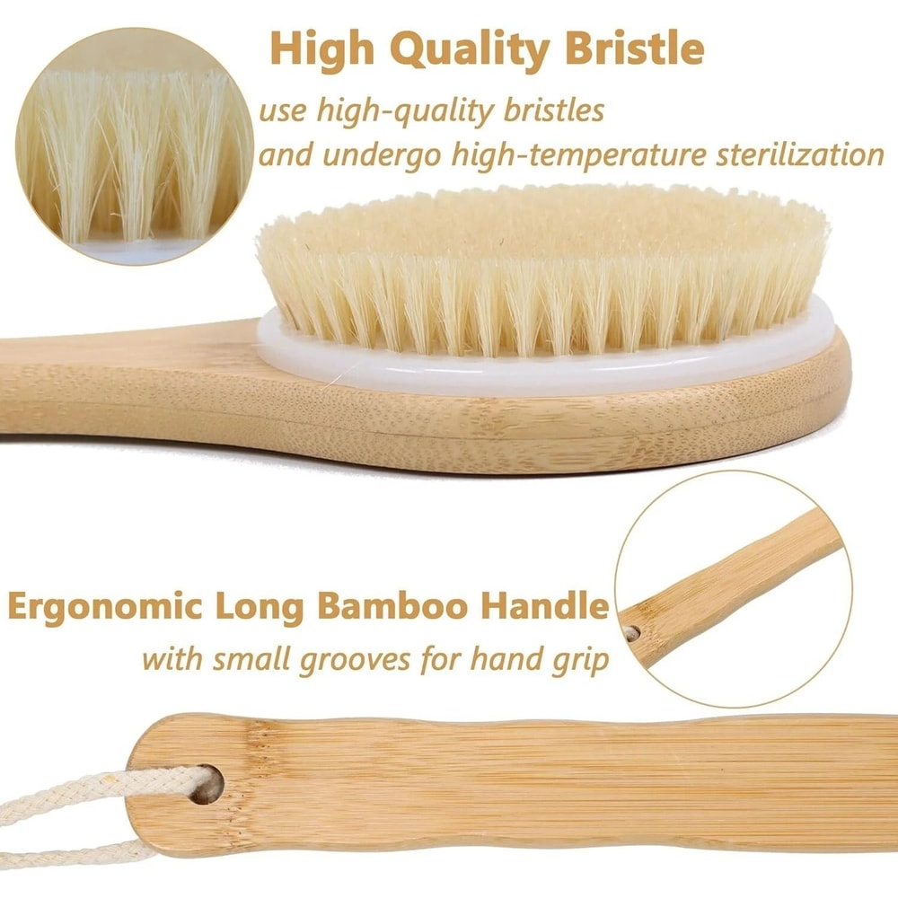 Bamboo Shower Body Brush With Soft Bristles Long Handle Back Scrubber 2