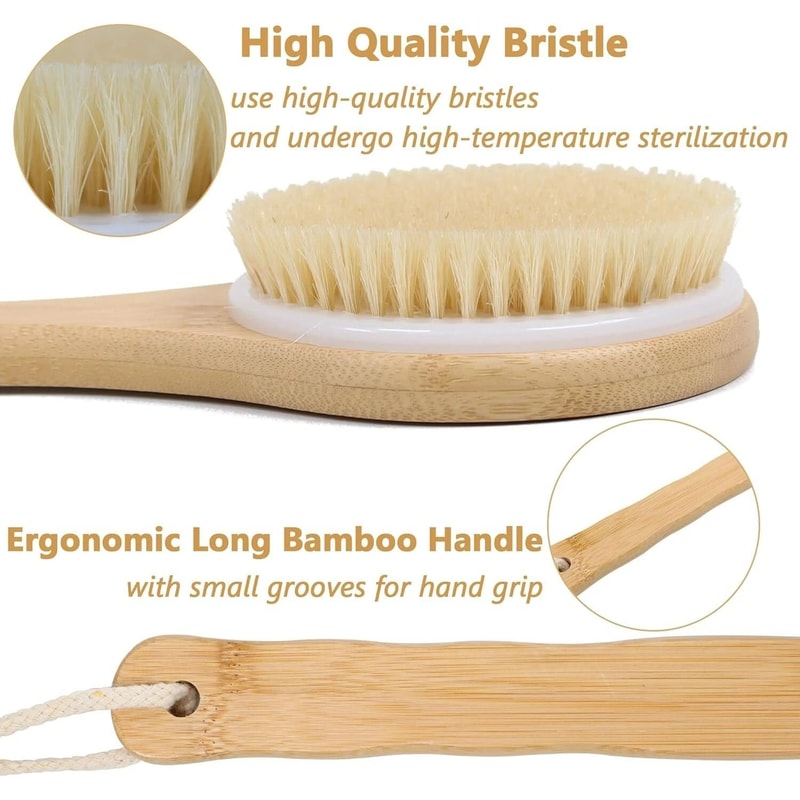 Bamboo Shower Body Brush With Soft Bristles Long Handle Back Scrubber 2