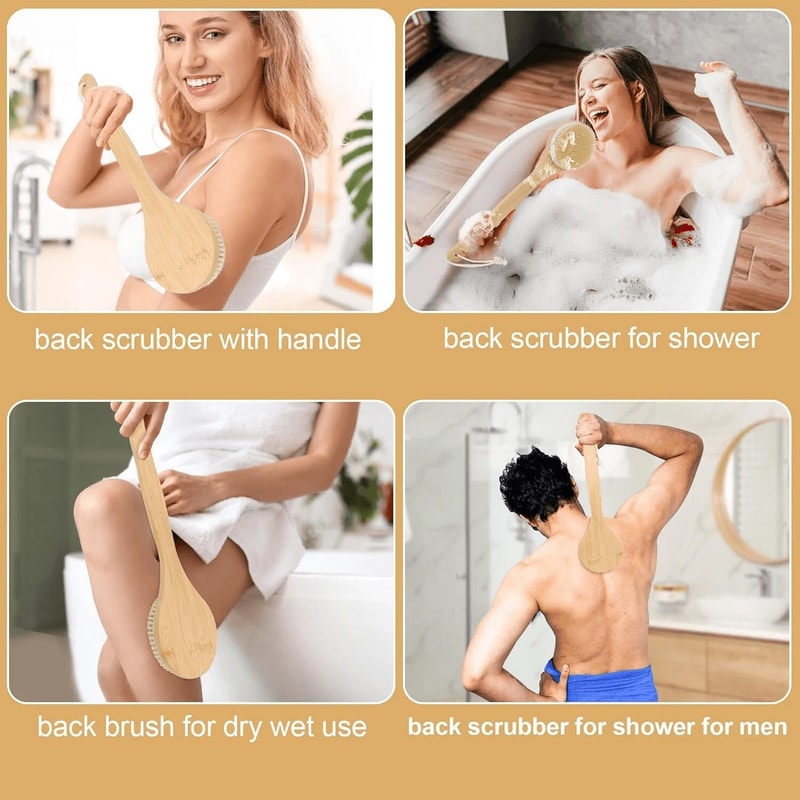 Bamboo Shower Body Brush With Soft Bristles Long Handle Back Scrubber 3