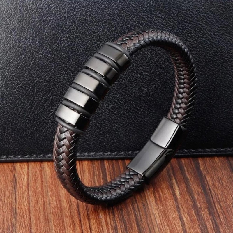 Mens Braided Leather Bracelet With Magnetic Clasp Titanium Steel Wrap Bangle 3