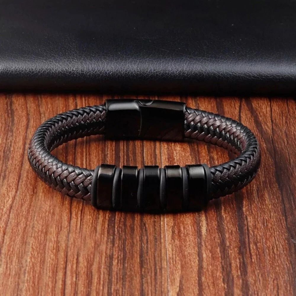 Mens Braided Leather Bracelet With Magnetic Clasp Titanium Steel Wrap Bangle 5