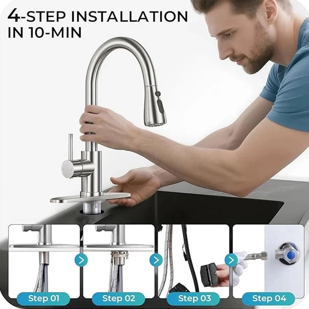 Brushed Nickel Kitchen Faucet With Pull Down Sprayer Single Handle Swivel Mixer 2