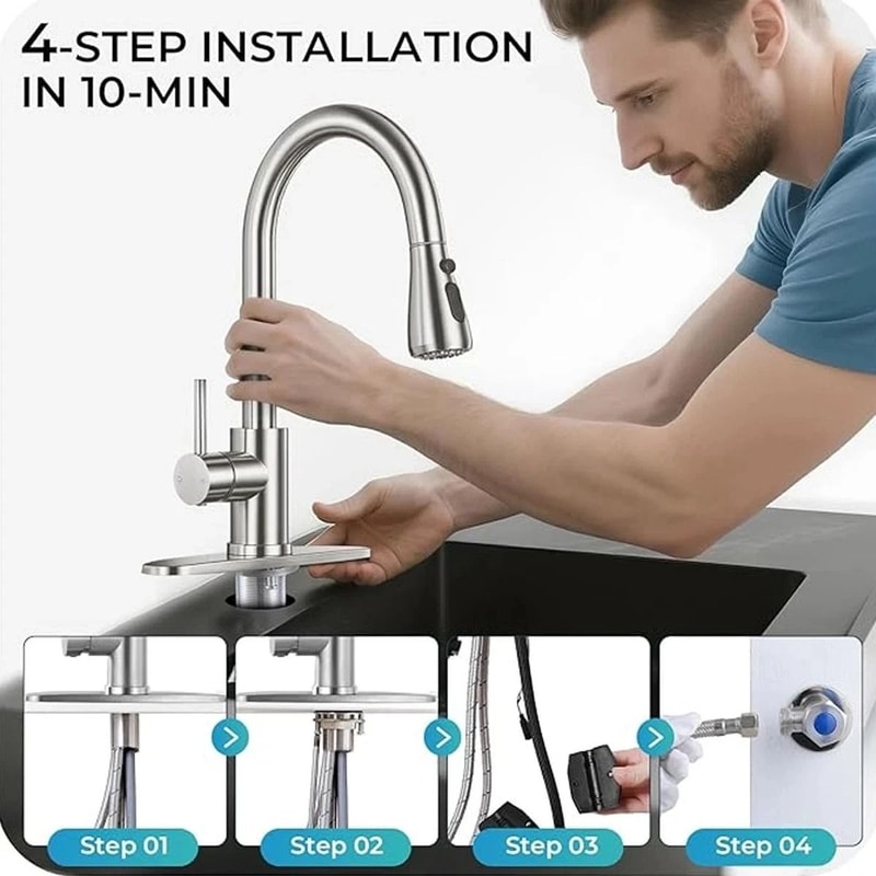 Brushed Nickel Kitchen Faucet With Pull Down Sprayer Single Handle Swivel Mixer 2