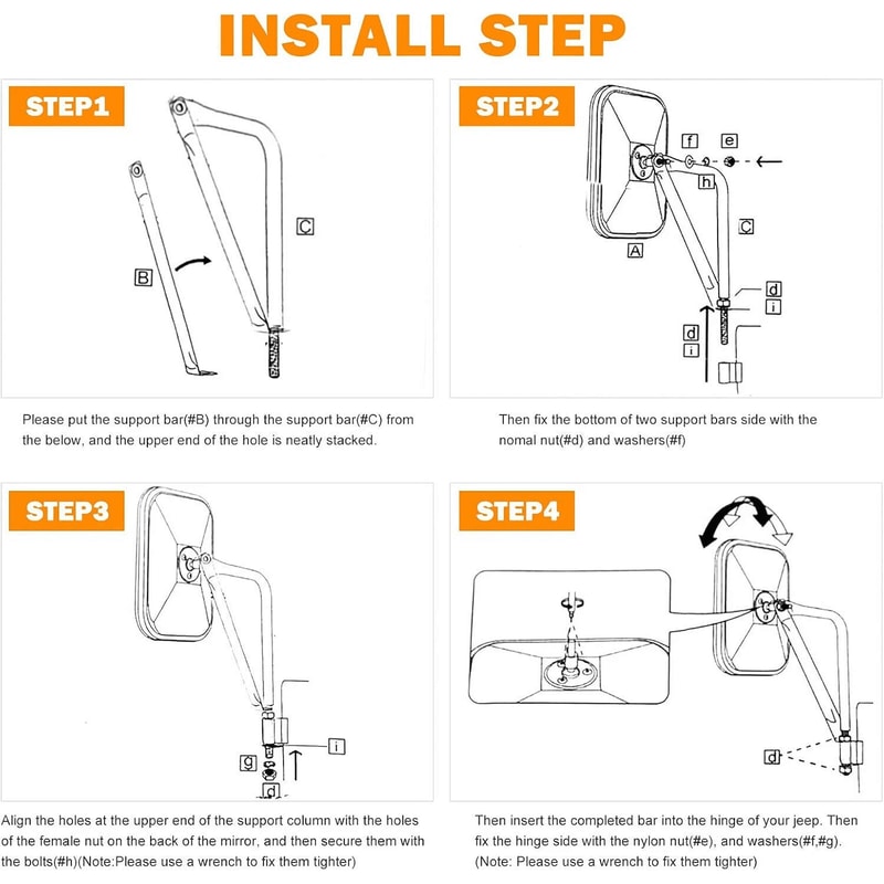 Jeep Wrangler Door Off Mirrors Steel Quick Release Side Mirror Pair 3