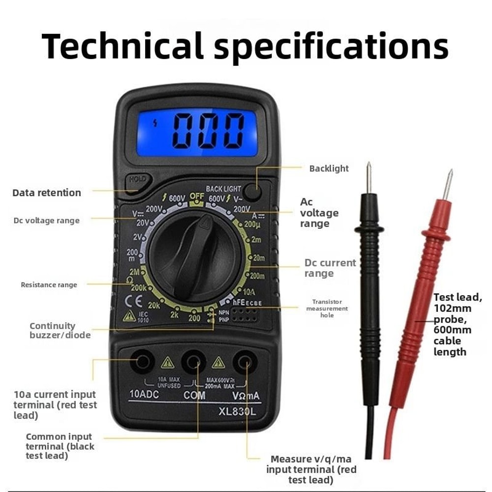 Digital Multimeter AC DC Voltmeter Voltage Tester With Ohmmeter Ammeter 9V Powered 1