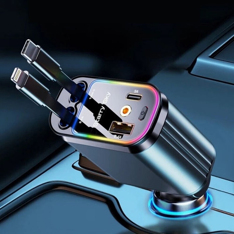 4 In 1 Retractable Car Charger For IPhone And USB C Devices 1