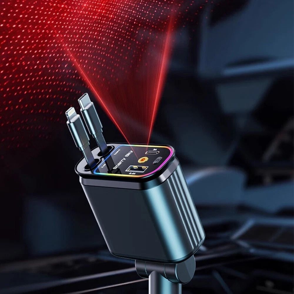 4 In 1 Retractable Car Charger For IPhone And USB C Devices 0