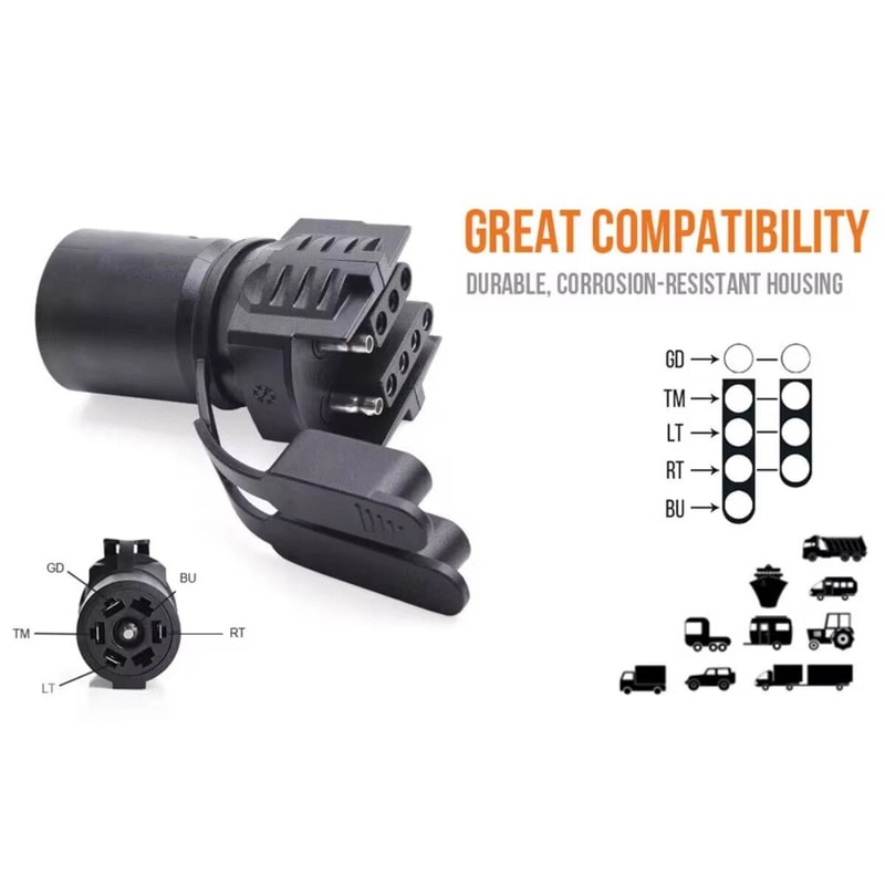7 Way Round To Pins Flat Trailer Wiring Plug Adapter For Truck RV Tow Hitch 3