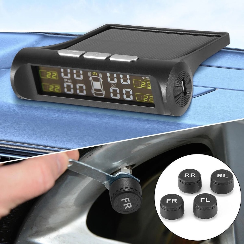 Wireless Solar Tire Pressure Monitoring System With 4 External Sensors LCD Display Dual Charging O 0