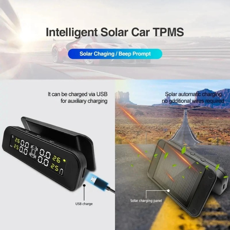 Wireless Solar Tire Pressure Monitoring System With 4 External Sensors LCD Display Dual Charging O 7