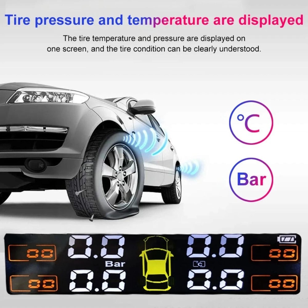 Wireless Solar Tire Pressure Monitoring System With 4 External Sensors LCD Display Dual Charging O 10