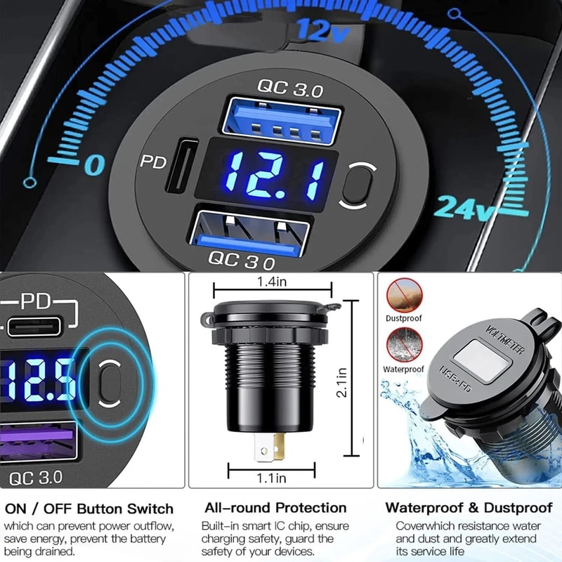 Dual USB Car Charger Power Socket With LED Voltmeter 8