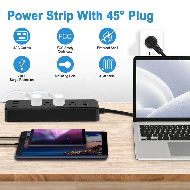 Wall Mountable Surge Protector Power Strip With 3 USB Ports 4 Outlets Ideal For Home Office Use 7