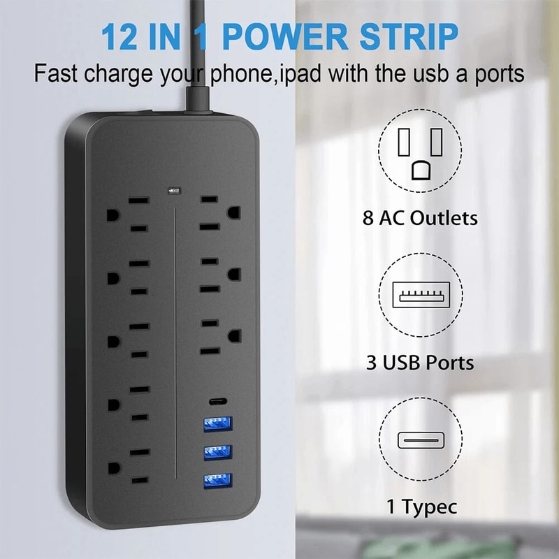 Wall Mountable Surge Protector Power Strip With 8 Outlets And 4 USB Ports 7