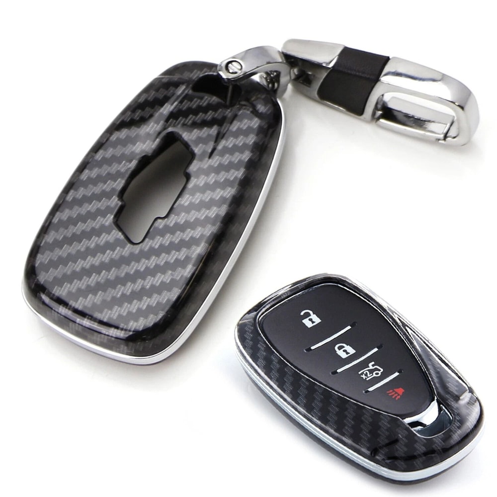 Glossy Black Chevy Key Fob Shell Carbon Fiber Style Cover With Keychain 0