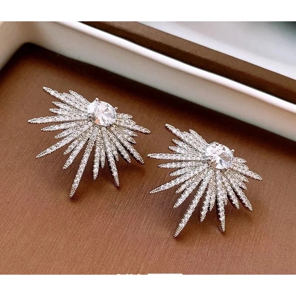 Silver Starburst Crystal Stud Earrings For Women 3