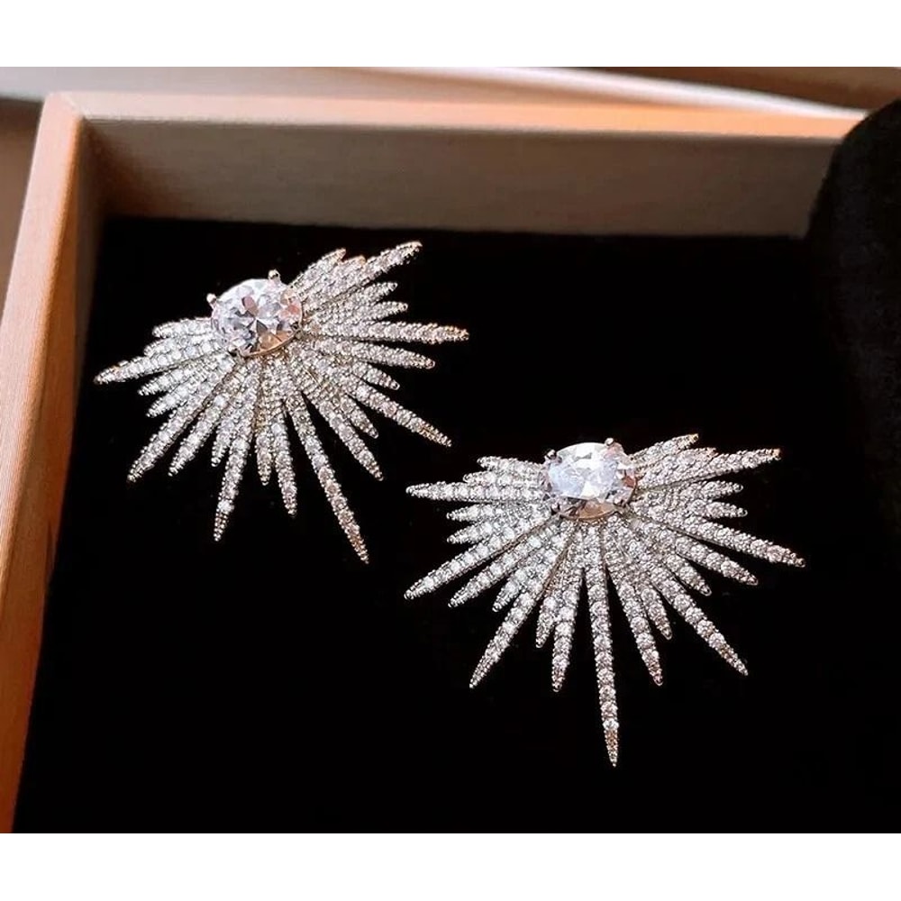 Silver Starburst Crystal Stud Earrings For Women 0