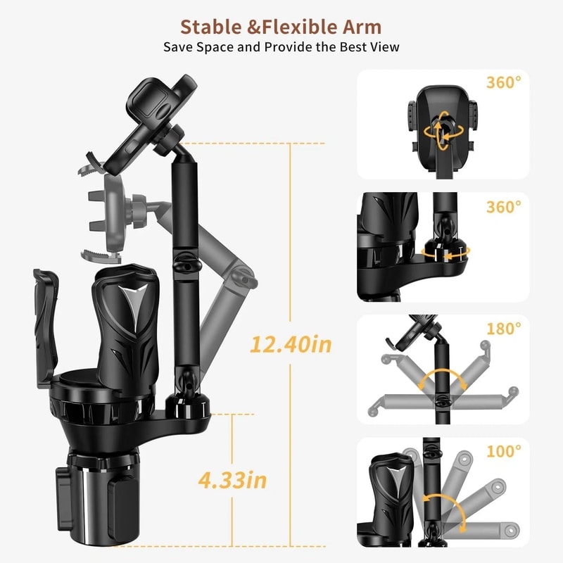Car Cup Holder Phone Mount With Long Arm 360 Rotation And Adjustable Cup Expander 8