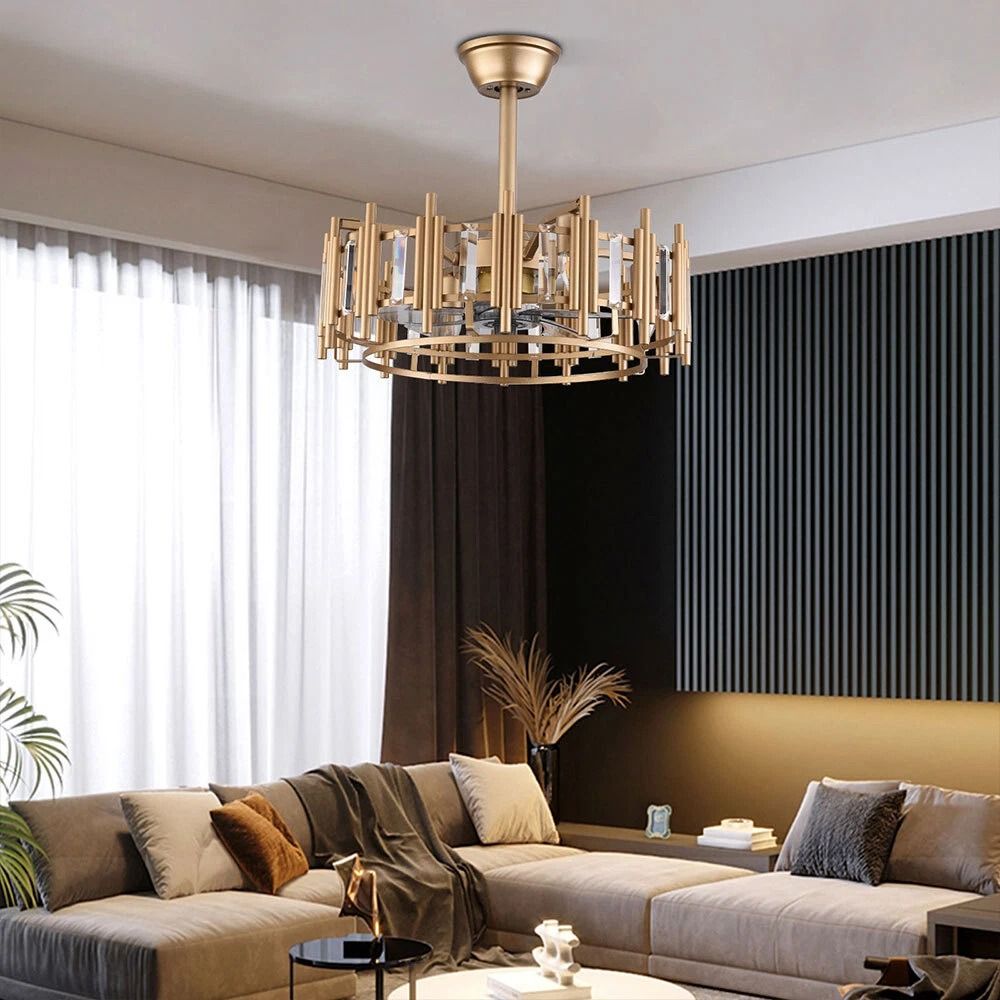 Elegant LED Fan Gold Chandelier Ceiling Light With Remote Semi Flush Mount Fixture 1