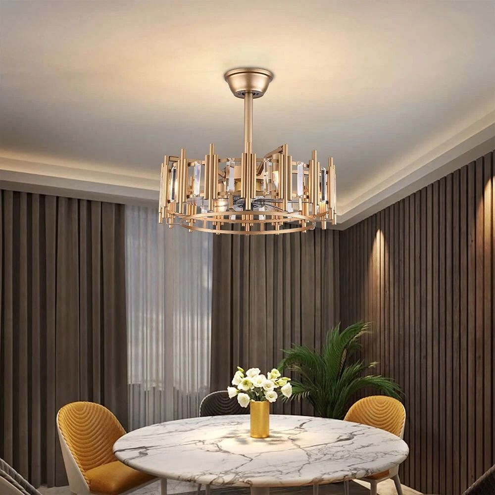Elegant LED Fan Gold Chandelier Ceiling Light With Remote Semi Flush Mount Fixture 2