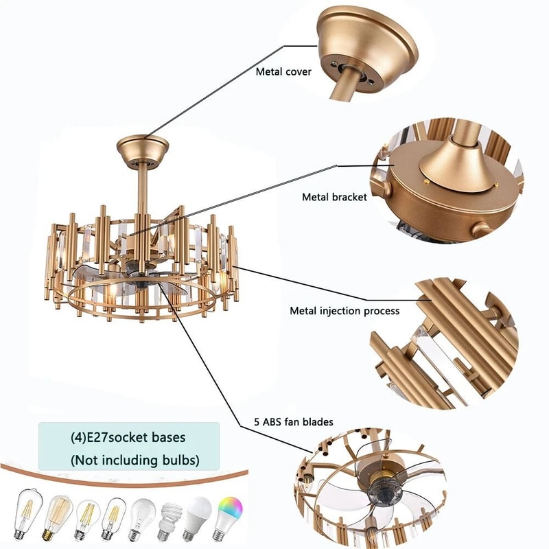 Elegant LED Fan Gold Chandelier Ceiling Light With Remote Semi Flush Mount Fixture 5