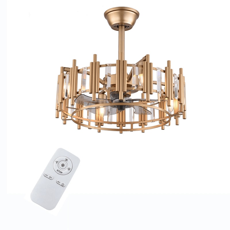 Elegant LED Fan Gold Chandelier Ceiling Light With Remote Semi Flush Mount Fixture 15