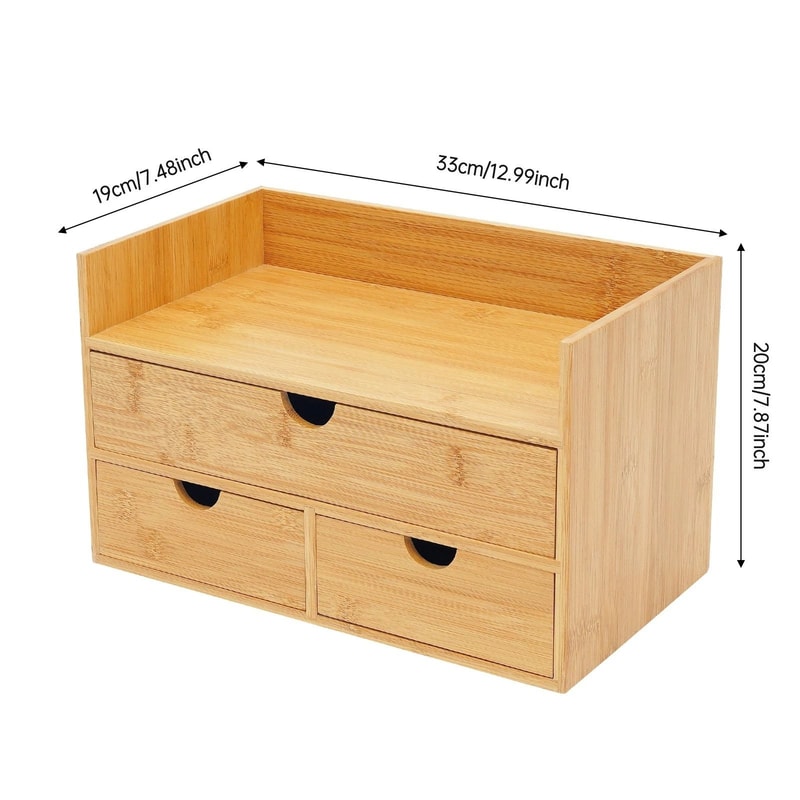 Natural Bamboo Desk Organizer 3 Drawer Tabletop Storage Box For Home Office 10