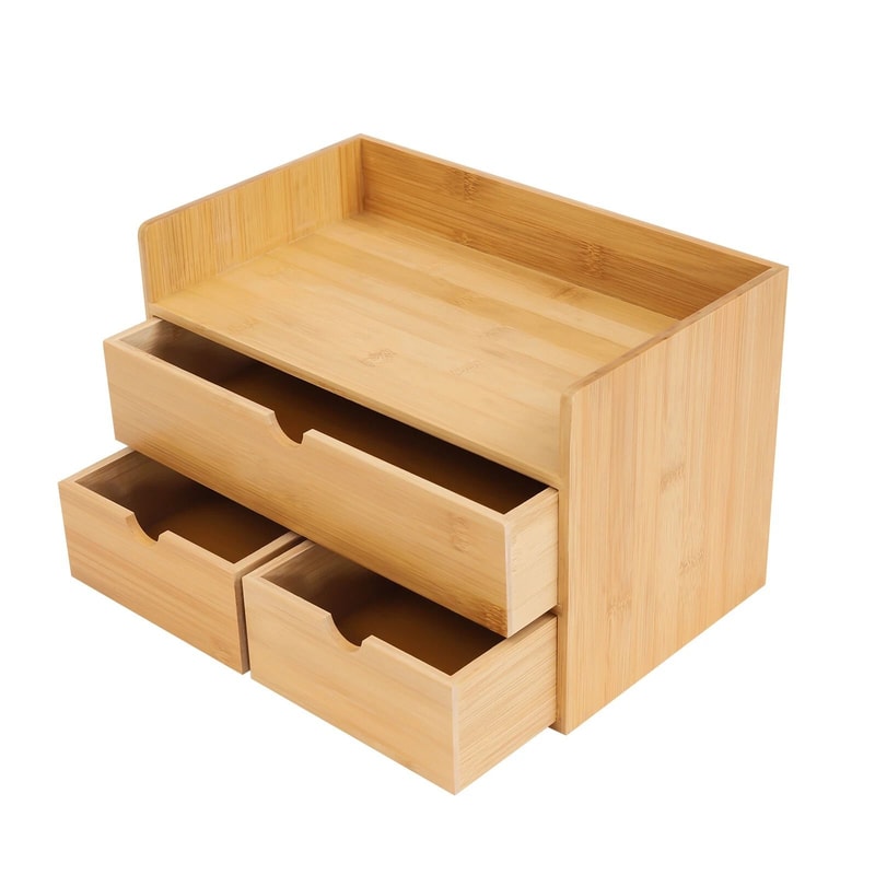 Natural Bamboo Desk Organizer 3 Drawer Tabletop Storage Box For Home Office 6