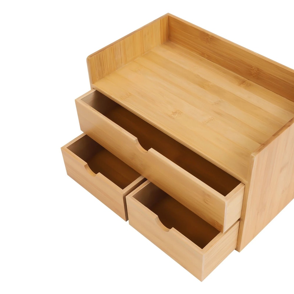 Natural Bamboo Desk Organizer 3 Drawer Tabletop Storage Box For Home Office 7