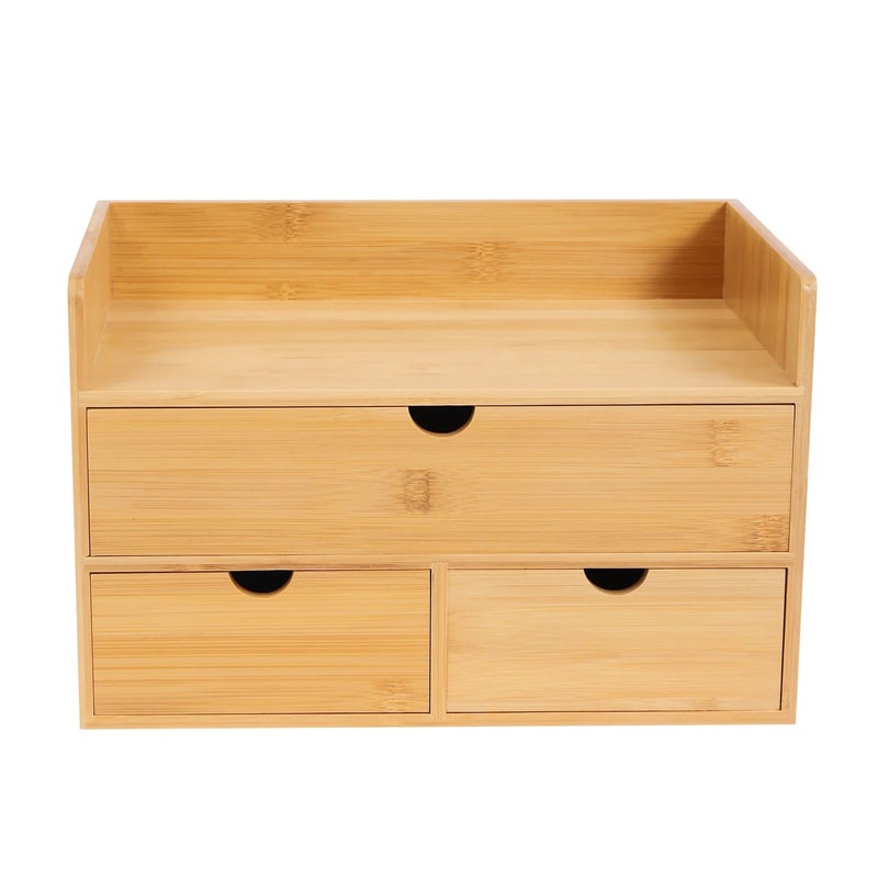 Natural Bamboo Desk Organizer 3 Drawer Tabletop Storage Box For Home Office 8