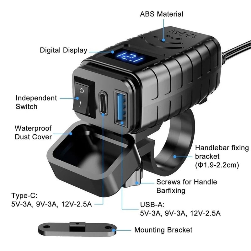 Premium Motorcycle USB Charger W Quick Charge Waterproof Dual USB 3
