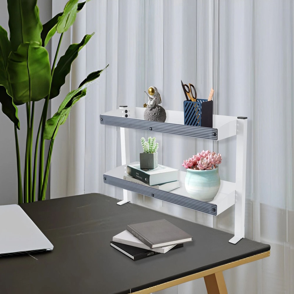 Adjustable Desk Shelf Organizer 2 Tier Clamp On White Space Saving Storage 0