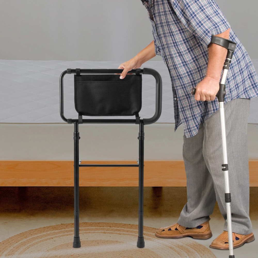 Adjustable Bed Assist Bar Bedside Rail With Storage Pocket For Safer Mobility 0