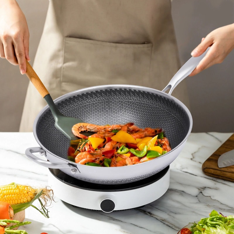 Premium Non Stick Stainless Steel Wok Pan With Lid Double Sided Honeycomb Cookware For Even Heat E 1