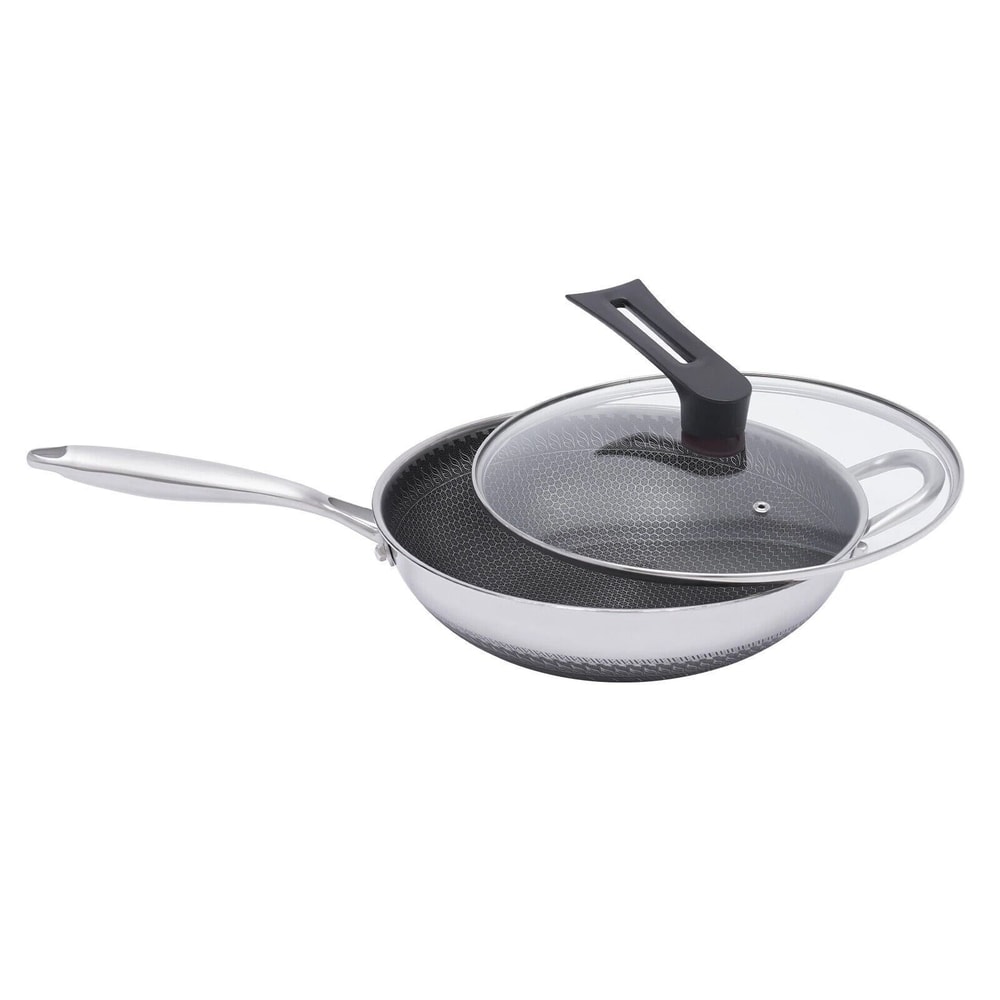 Premium Non Stick Stainless Steel Wok Pan With Lid Double Sided Honeycomb Cookware For Even Heat E 4