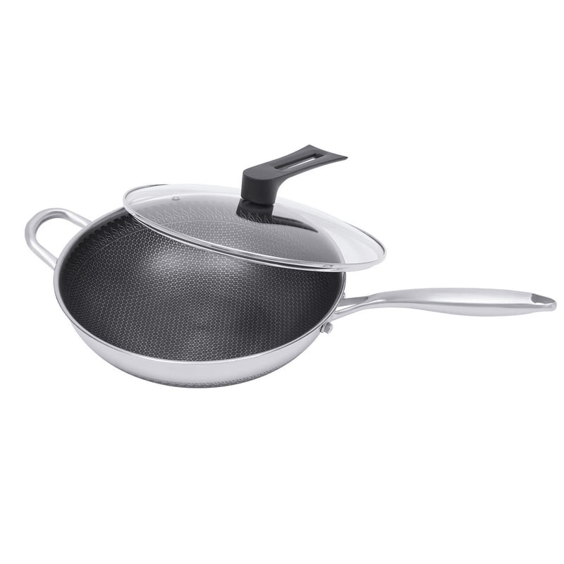 Premium Non Stick Stainless Steel Wok Pan With Lid Double Sided Honeycomb Cookware For Even Heat E 5